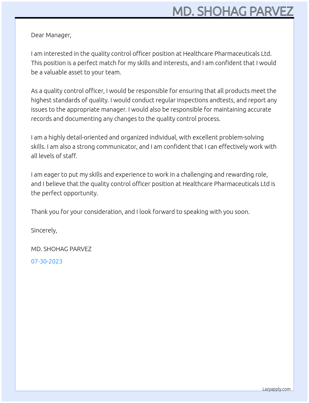 quality control officer At Healthcare Pharmaceuticals Ltd. Cover Letter