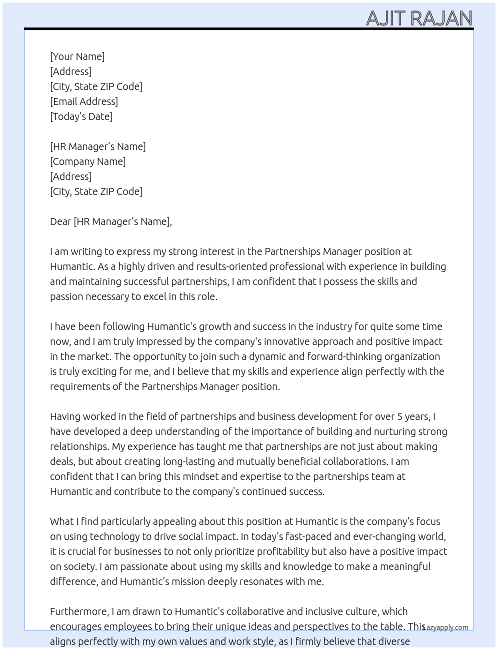 Partnerships Manager At humantic Cover Letter