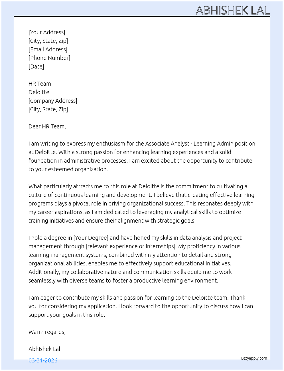 Associate Analyst - Learning Admin  At Deloitte Cover Letter