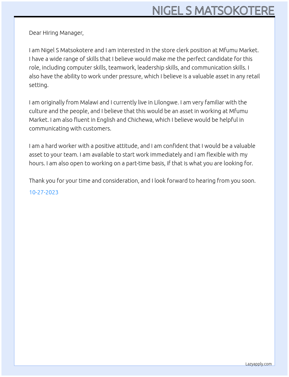 Store Clerk At Mfumu Market Cover Letter