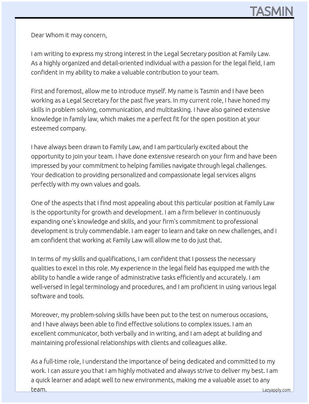 Legal secretary At Family law Cover Letter