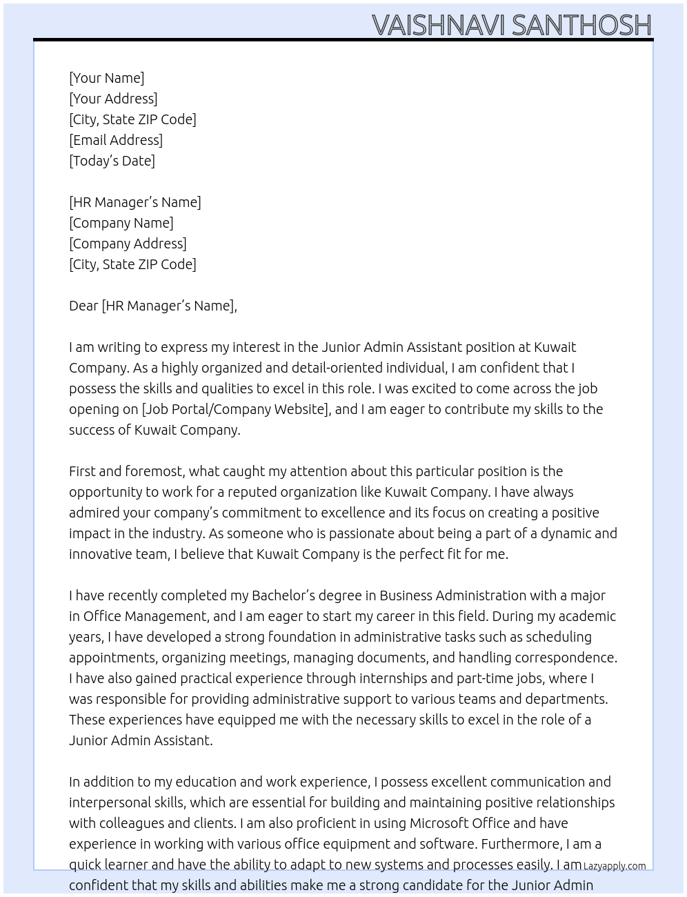 Junior Admin Assistant At Kuwait Company Cover Letter