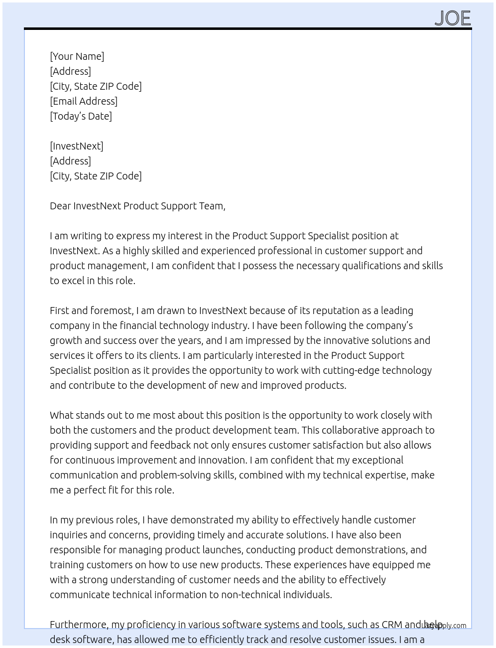 Product Support Specialist At InvestNext Cover Letter