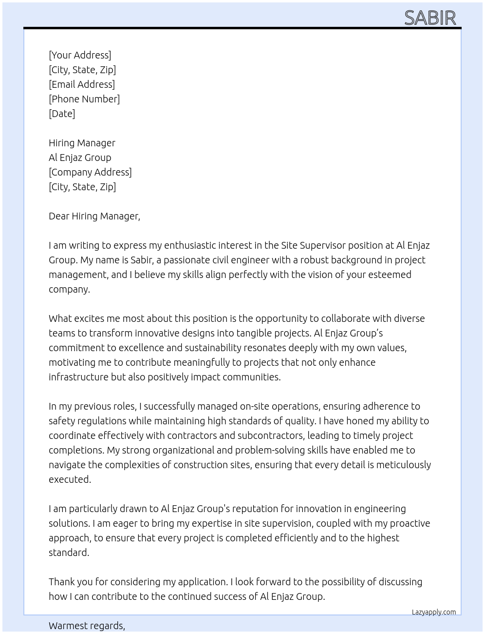 Cover letter for site supervisor - LazyApply