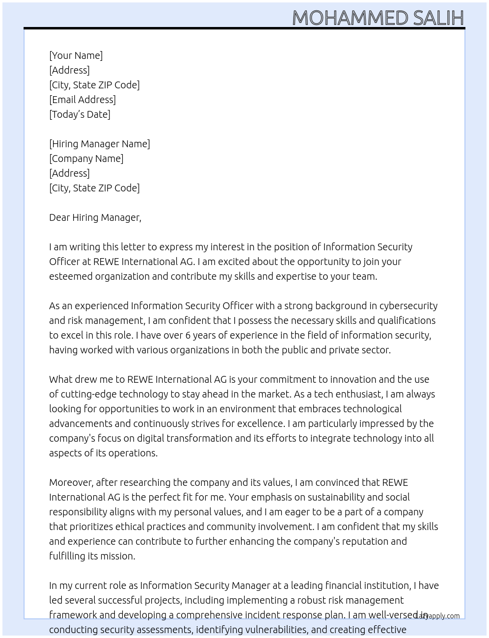 Information Security Officer At REWE International AG Cover Letter