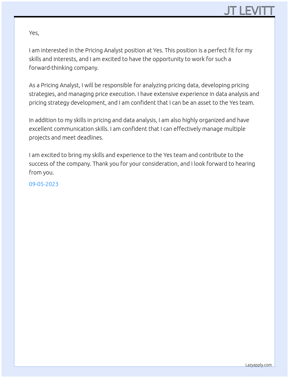 Pricing Analyst At Yes Cover Letter