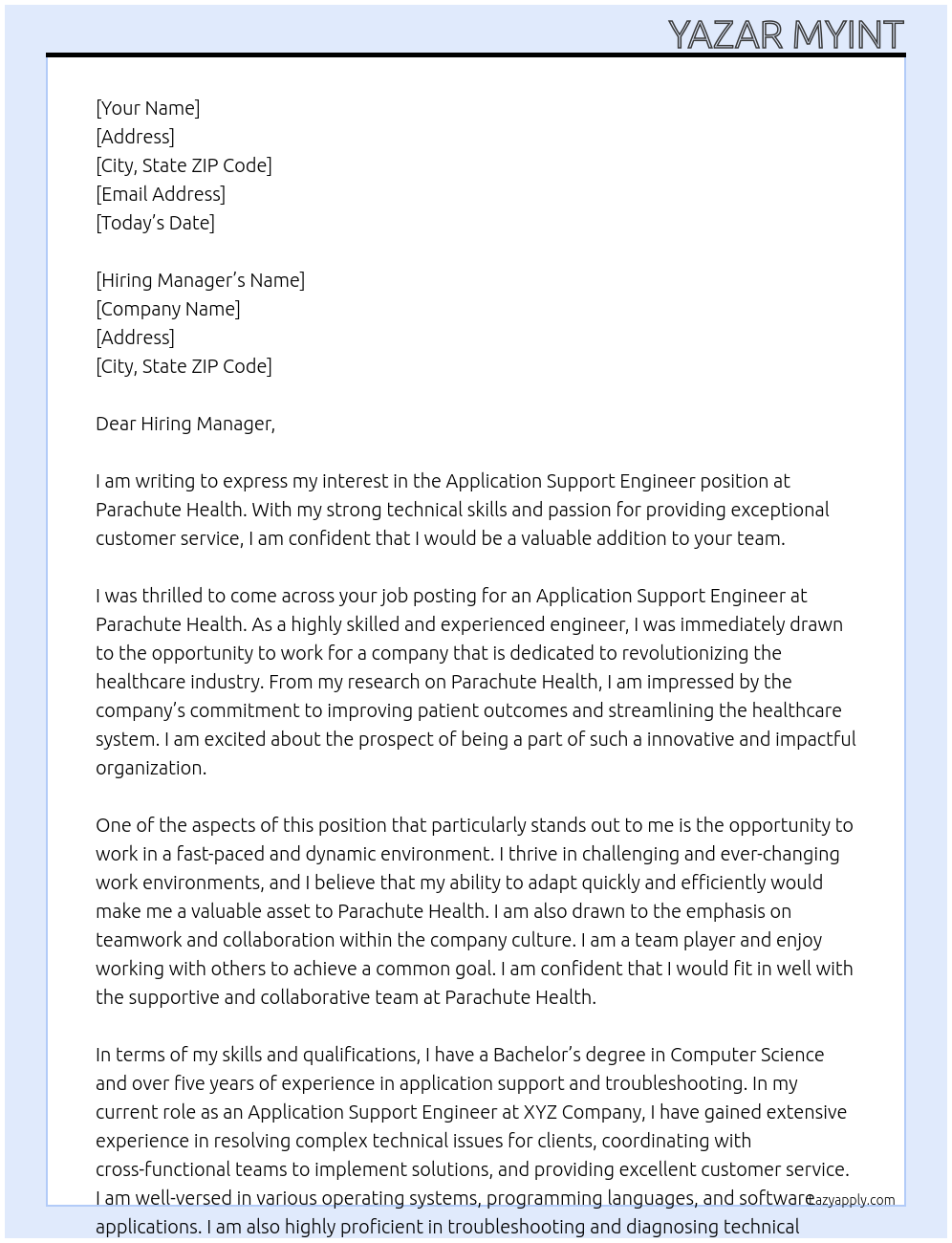 Application Support Engineer At Parachute Health Cover Letter