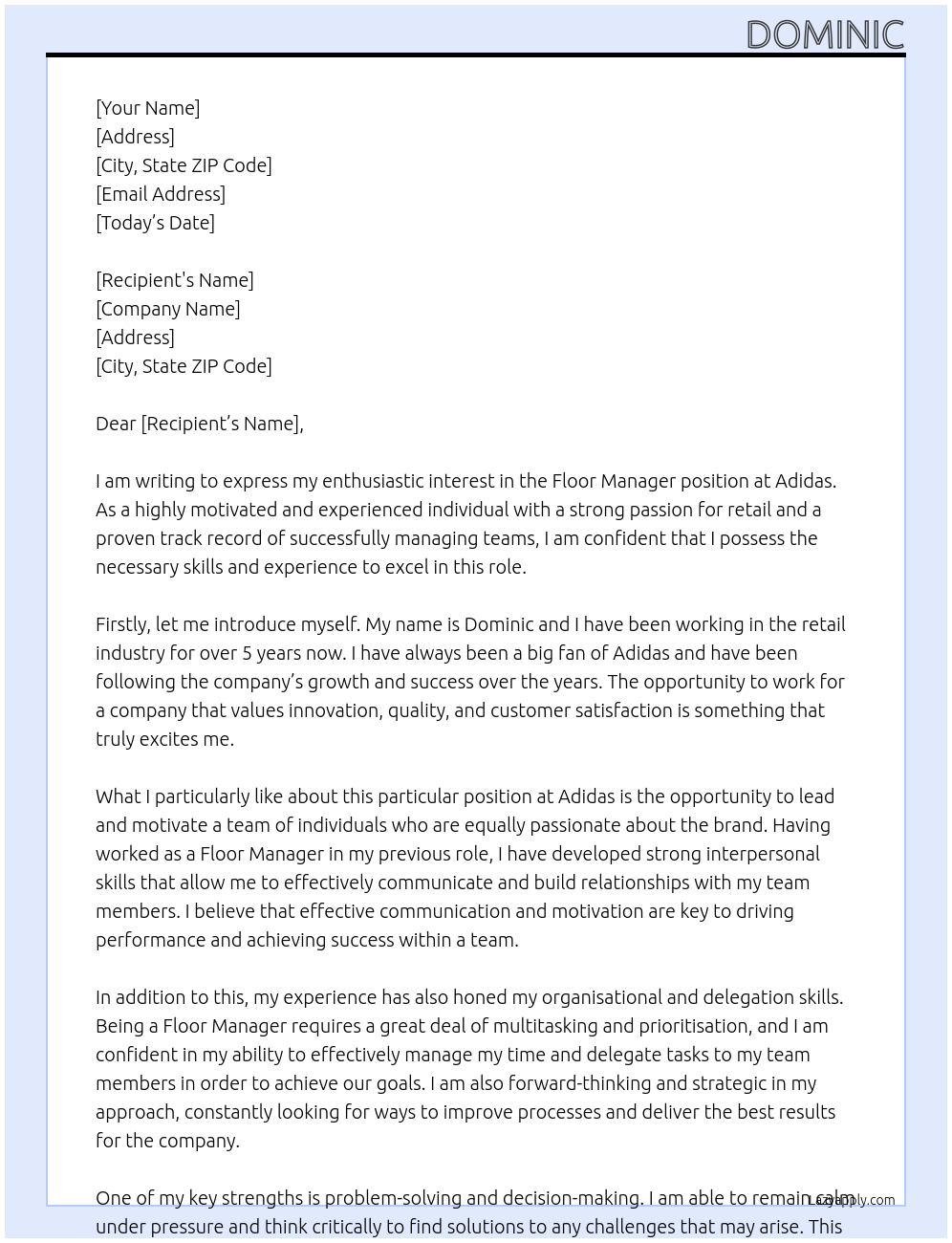 Floor manager At Adidas Cover Letter