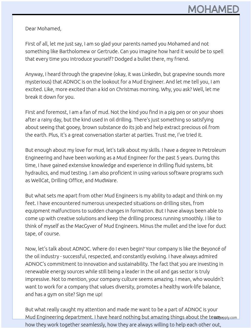 Mud Engineer At ADNOC Cover Letter