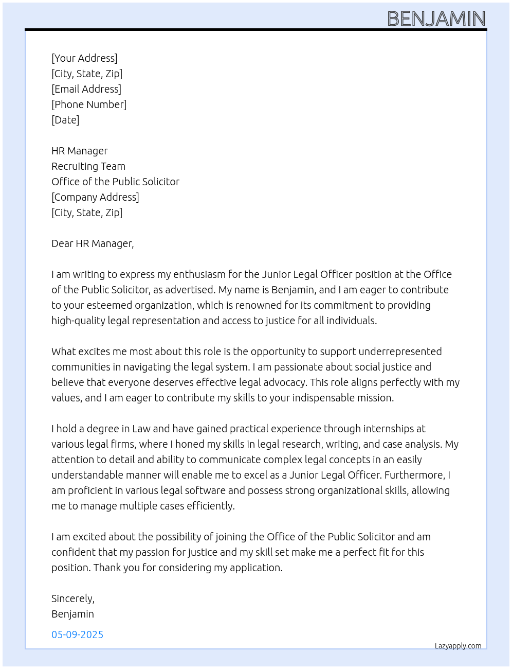 Junior Legal Officer  At Office of the Public Solicitor Cover Letter