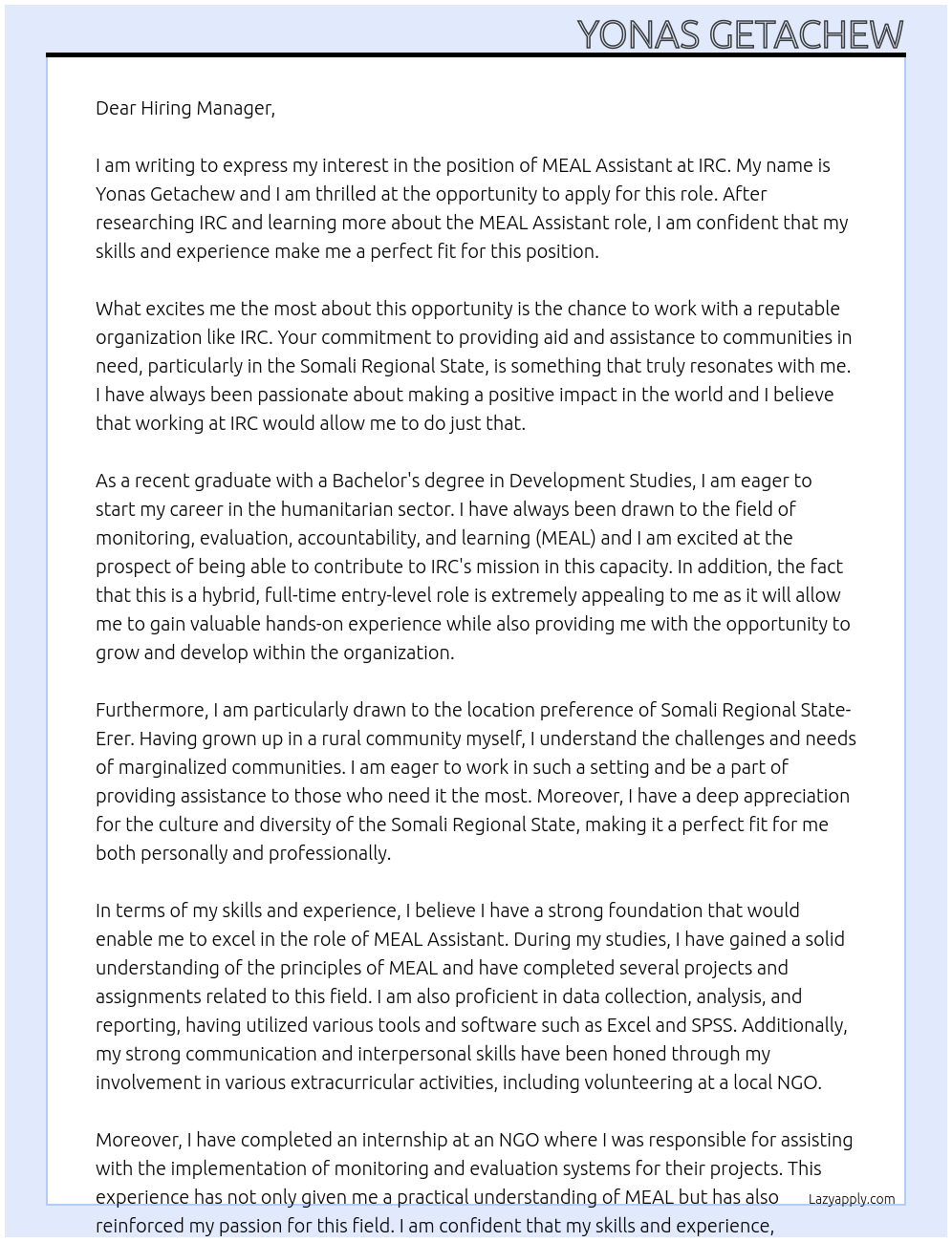 MEAL Assistant At IRC Cover Letter