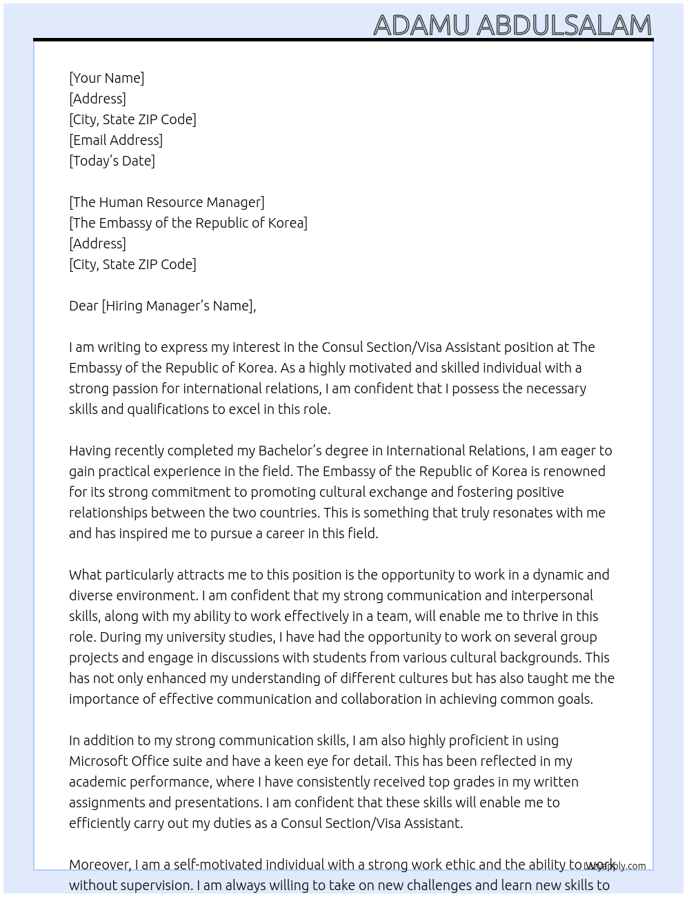Consul Section / Visa Assistant At The Embassy Of The Republic Of Korea  Cover Letter