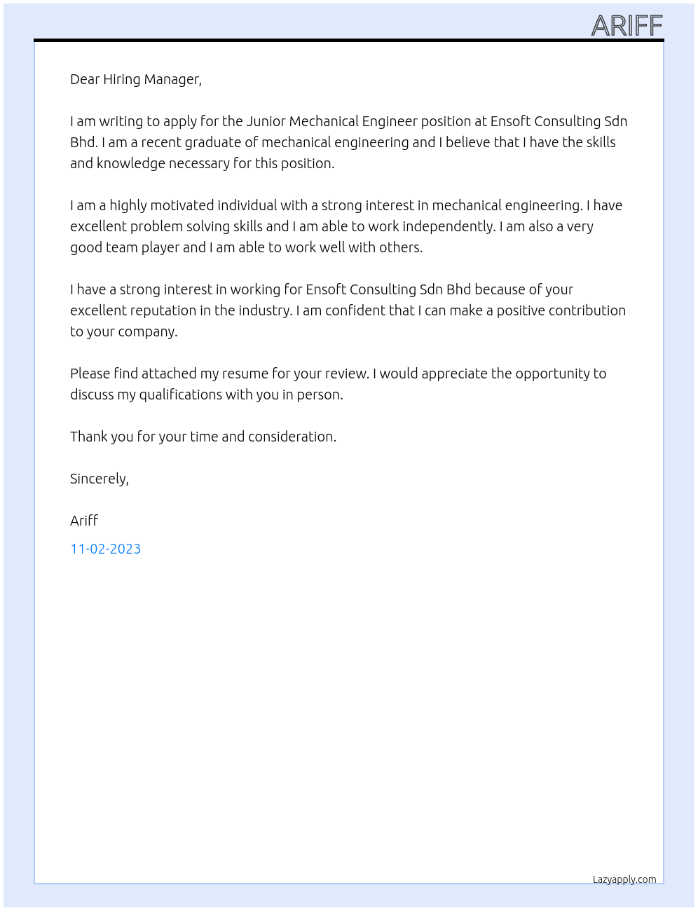 Junior Mechanical Engineer At ENSOFT CONSULTING SDN BHD Cover Letter