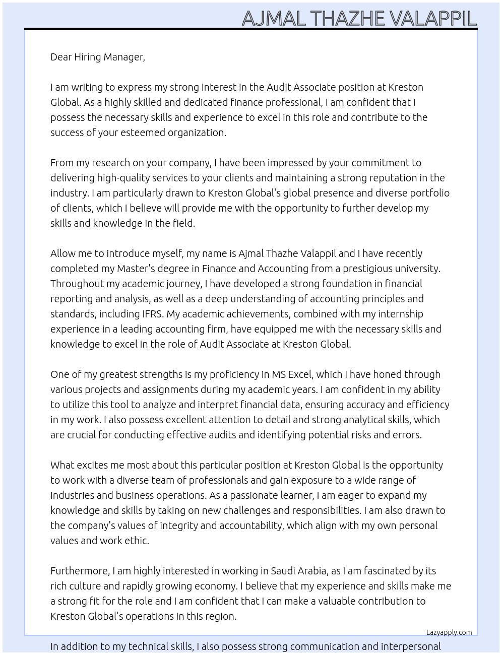 Audit Associate At Kreston Global Cover Letter