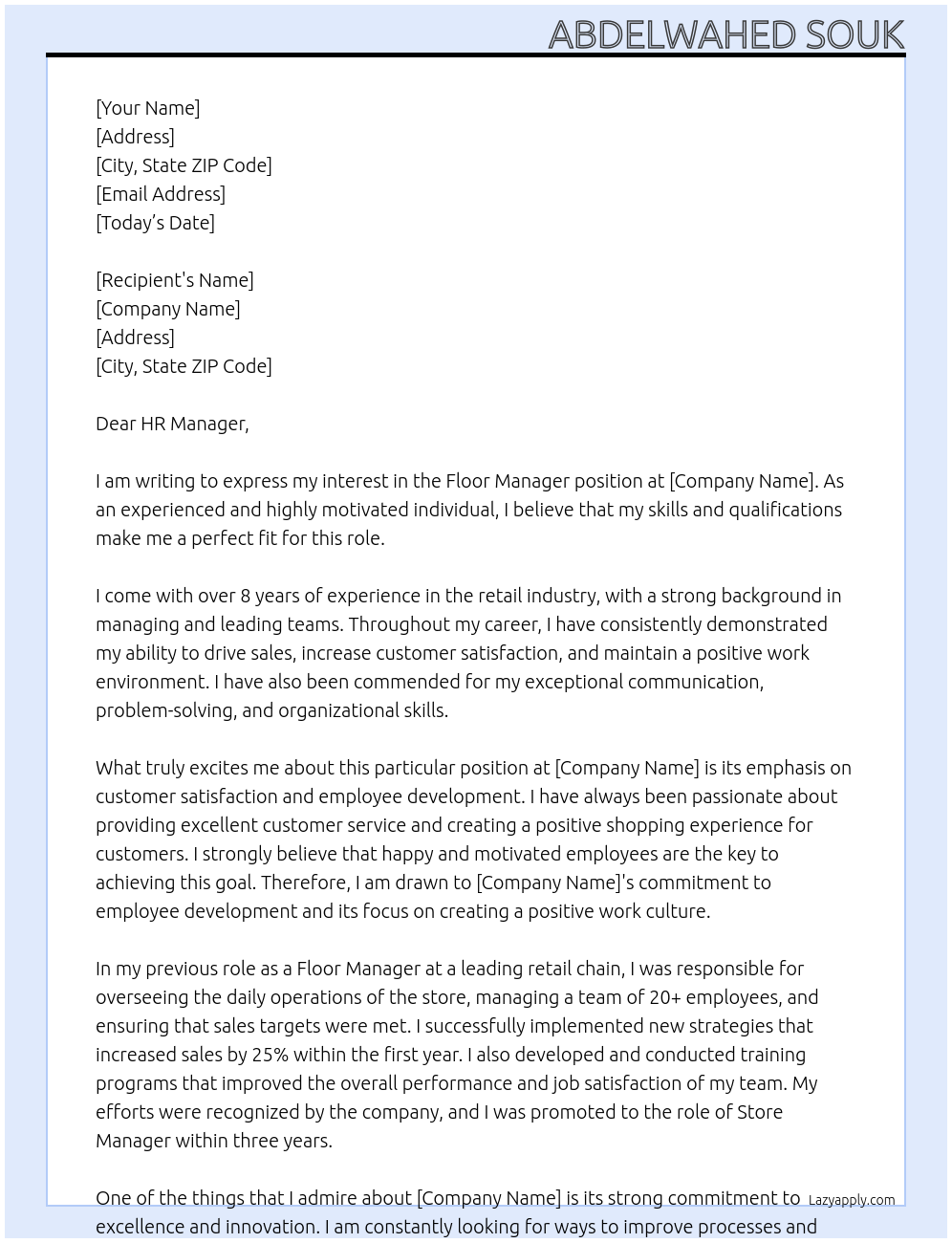 Floor Manager At NONE Cover Letter