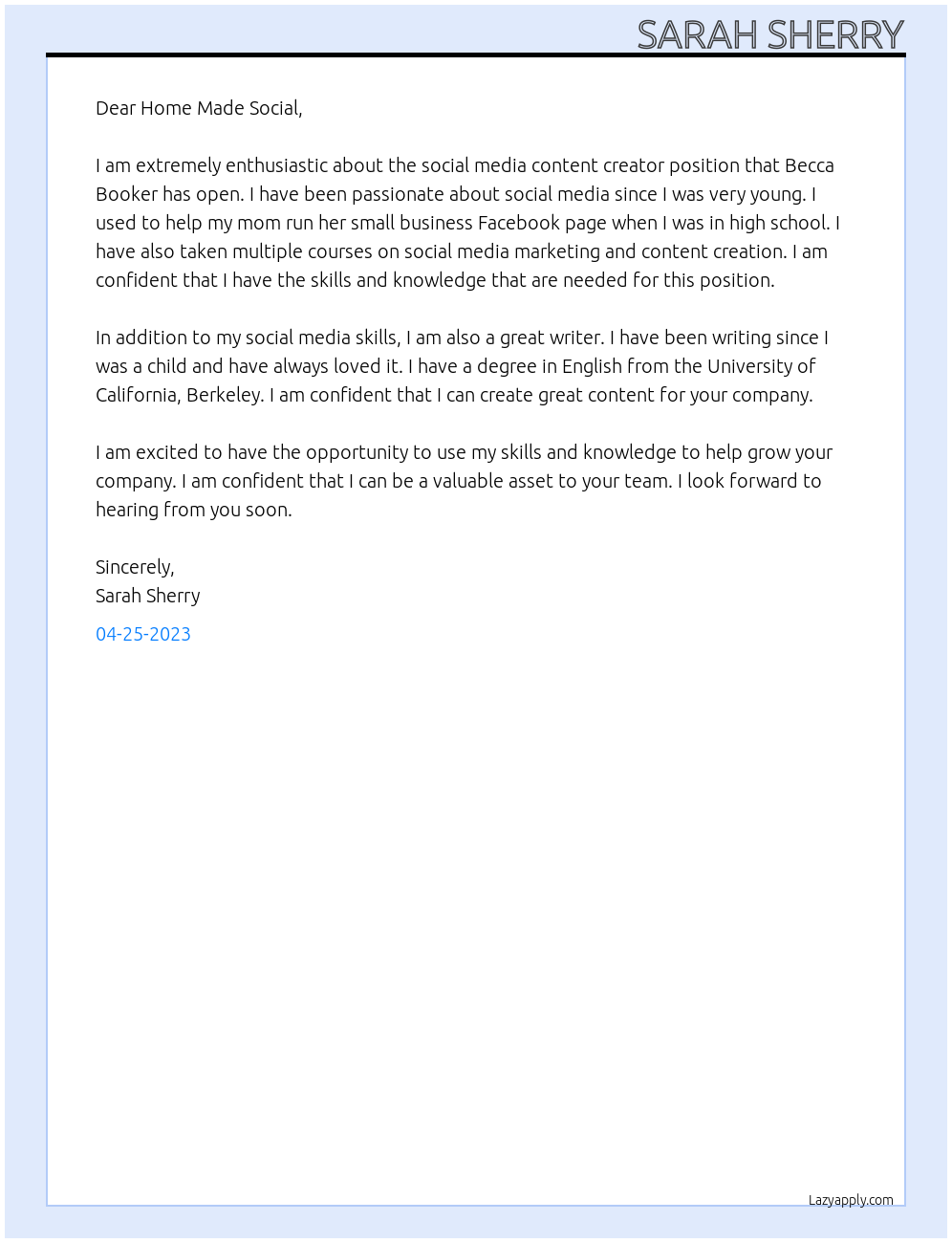 social media content creator At Home Made Social Cover Letter