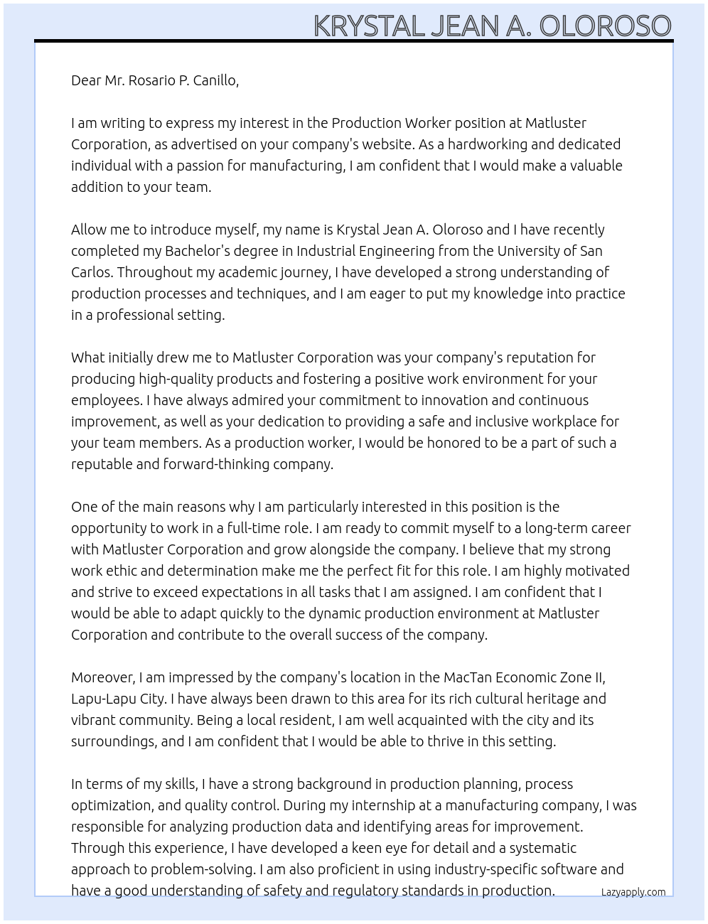 production worker At Matluster Corporation Cover Letter