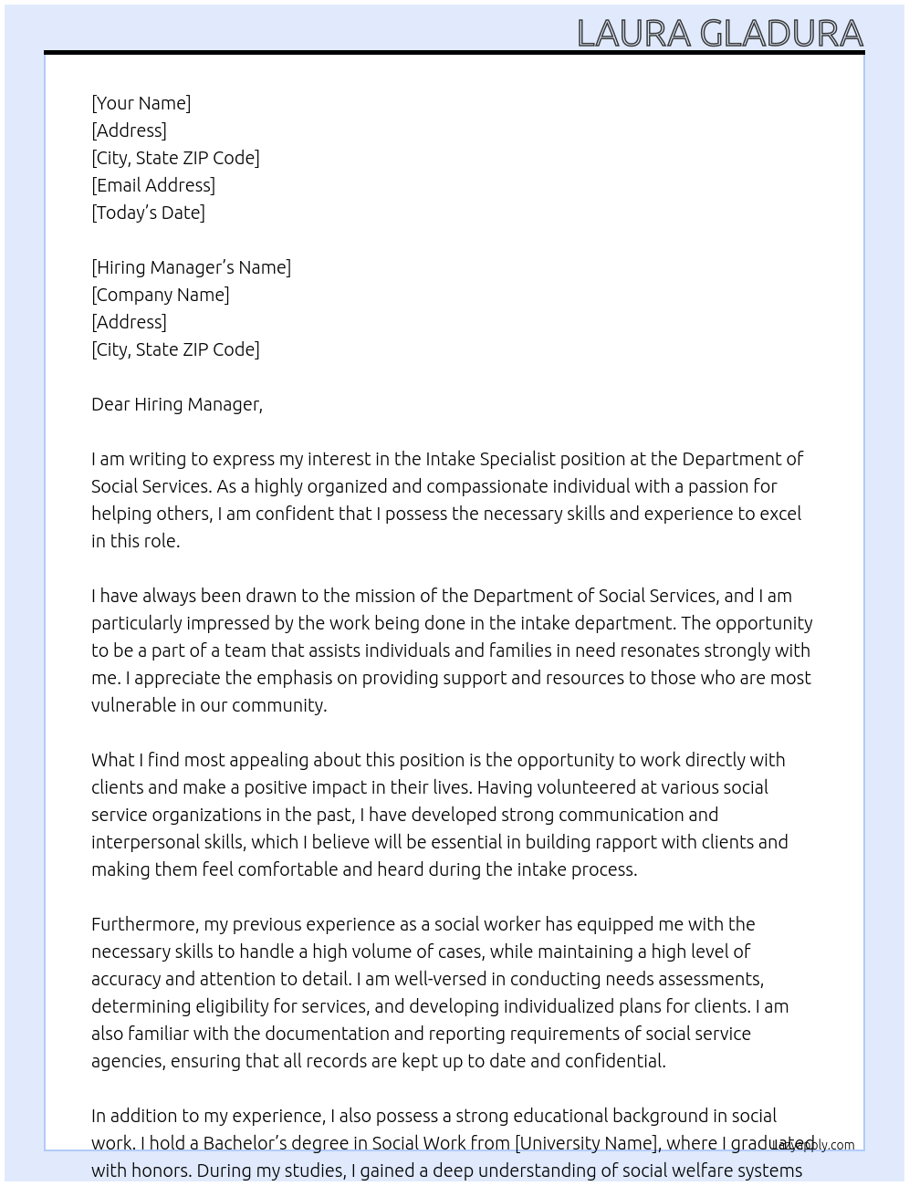 Intake Specialist At Department of Social Services Cover Letter