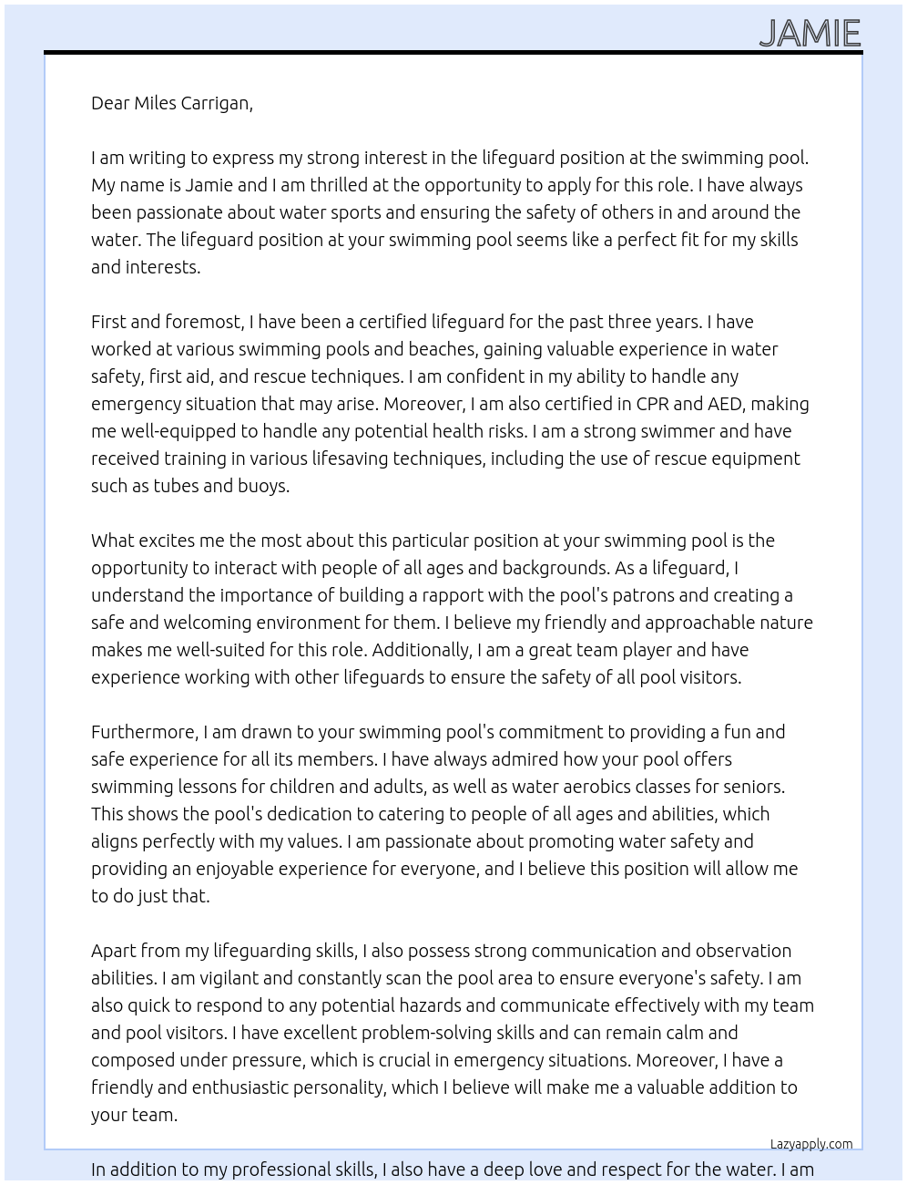 lifeguard At swimming pool Cover Letter