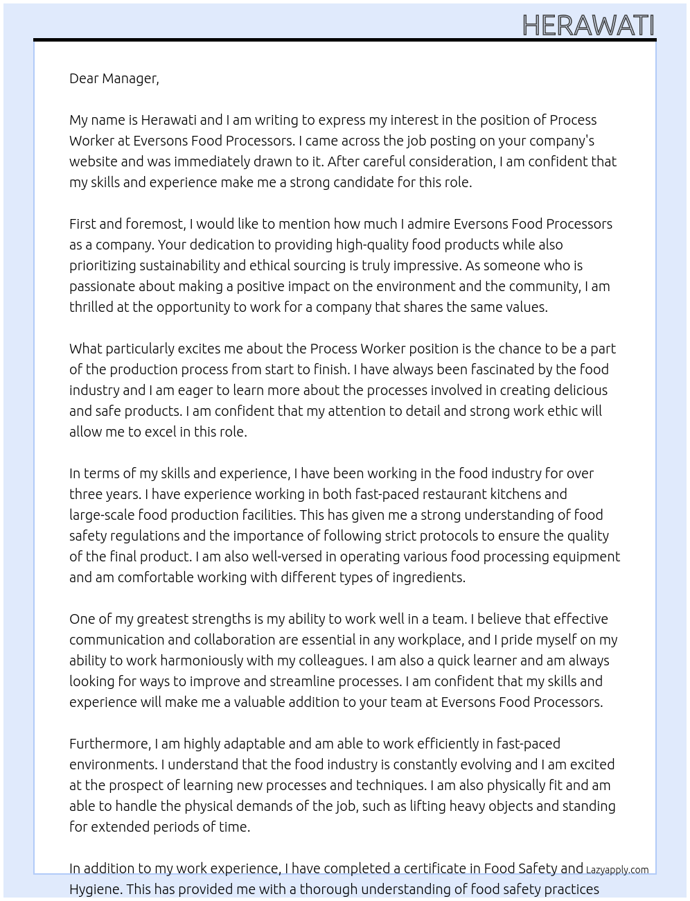 process worker At Eversons Food Processors Cover Letter