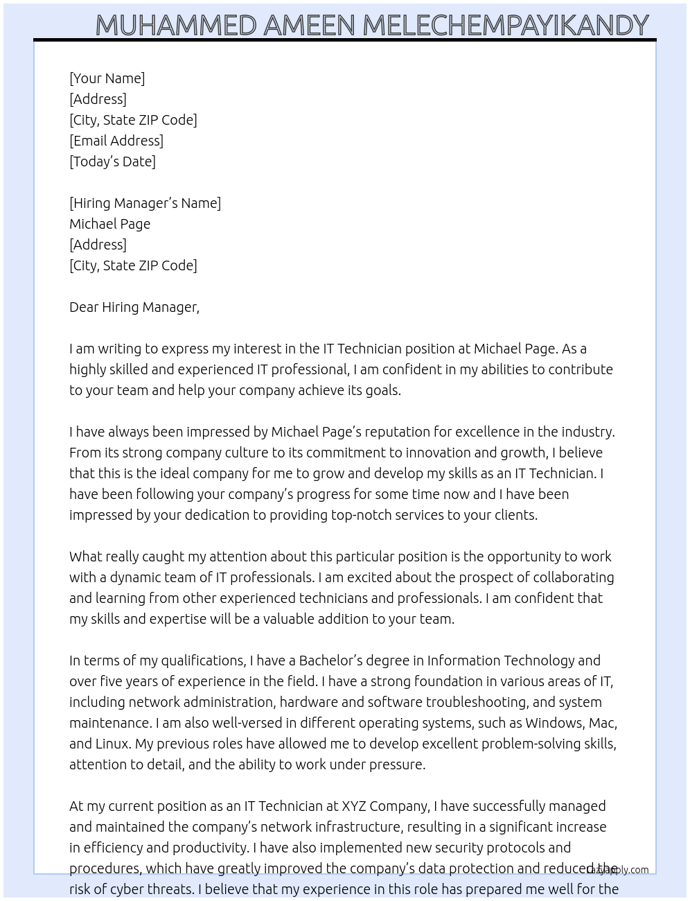 IT Technician At Michael Page Cover Letter