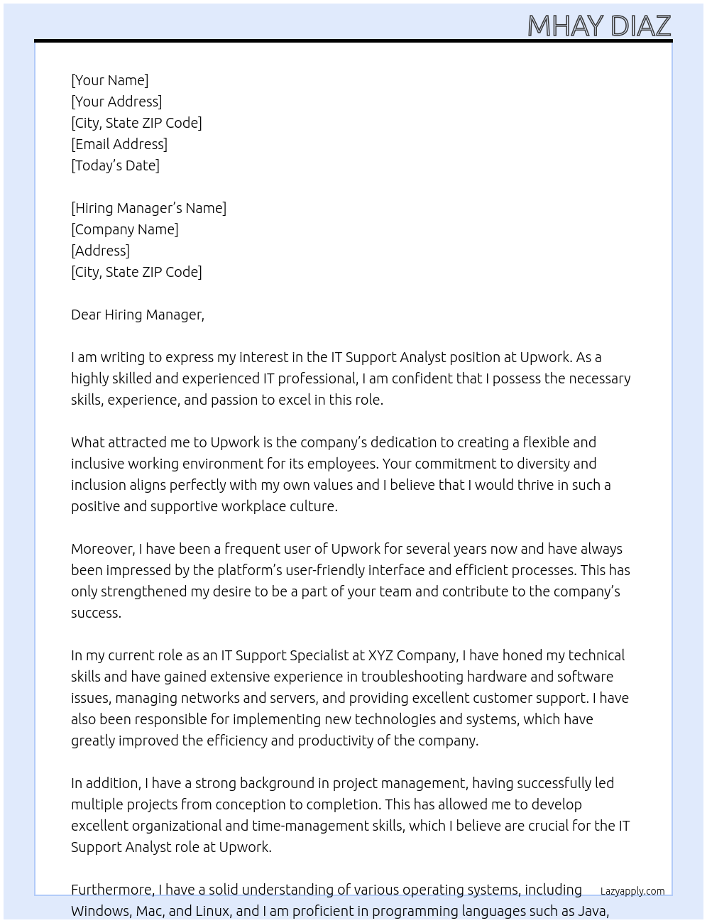IT Support Analyst At Upwork Cover Letter