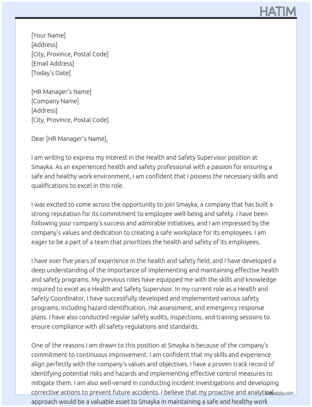 Health and safety supervisor At Smayka Cover Letter
