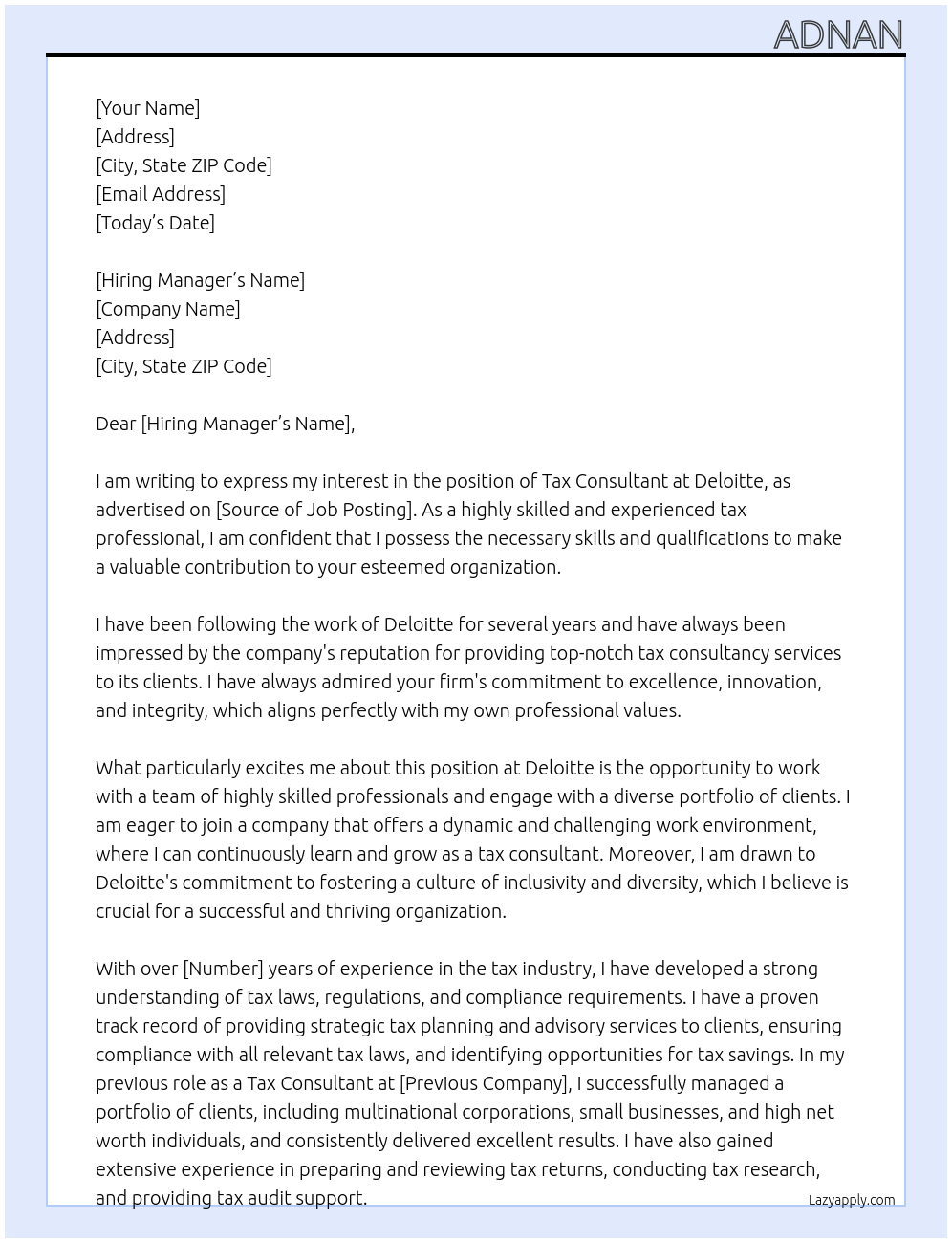 TAX CONSULTANT At DELOITTE Cover Letter