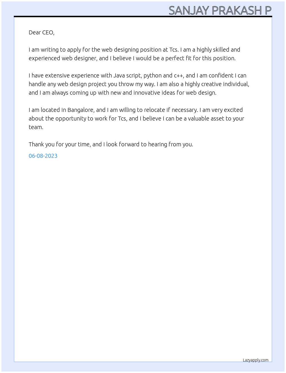 Web designing  At Tcs Cover Letter