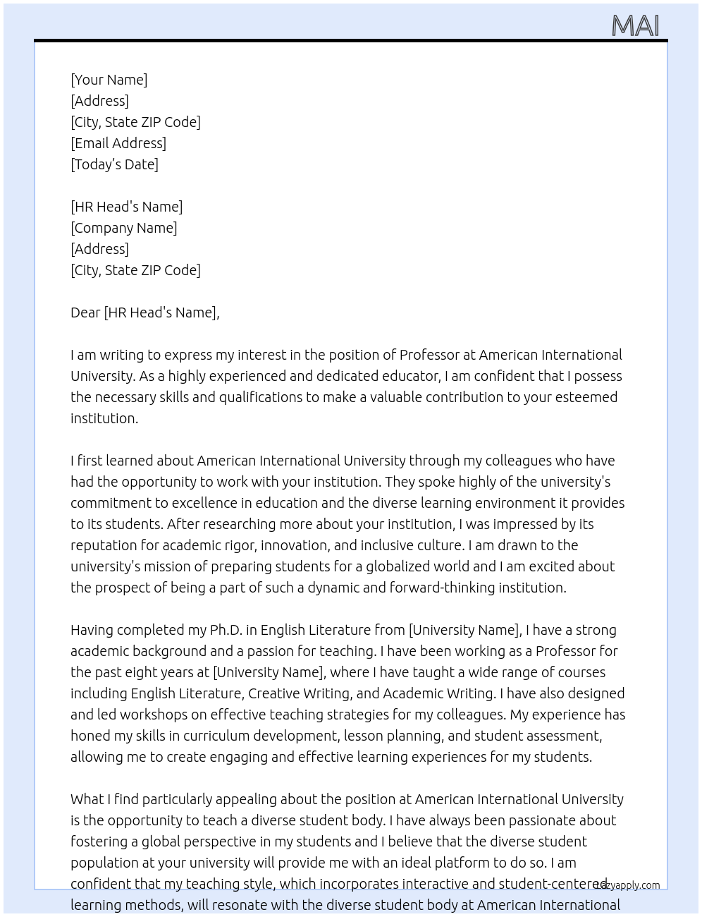 Cover letter for professor - LazyApply