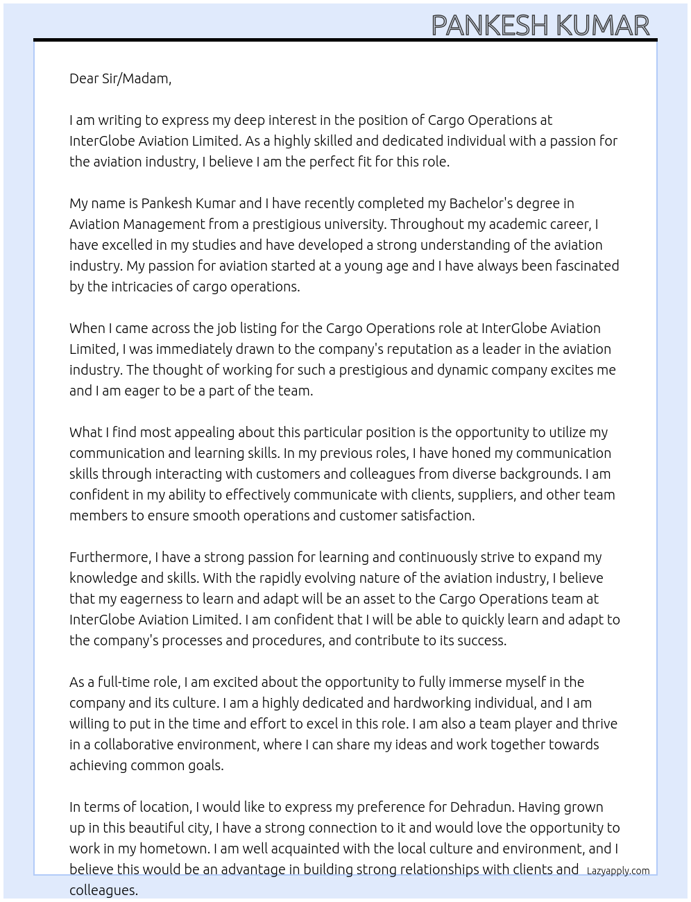 Cargo operations  At Inter globe aviation limited  Cover Letter