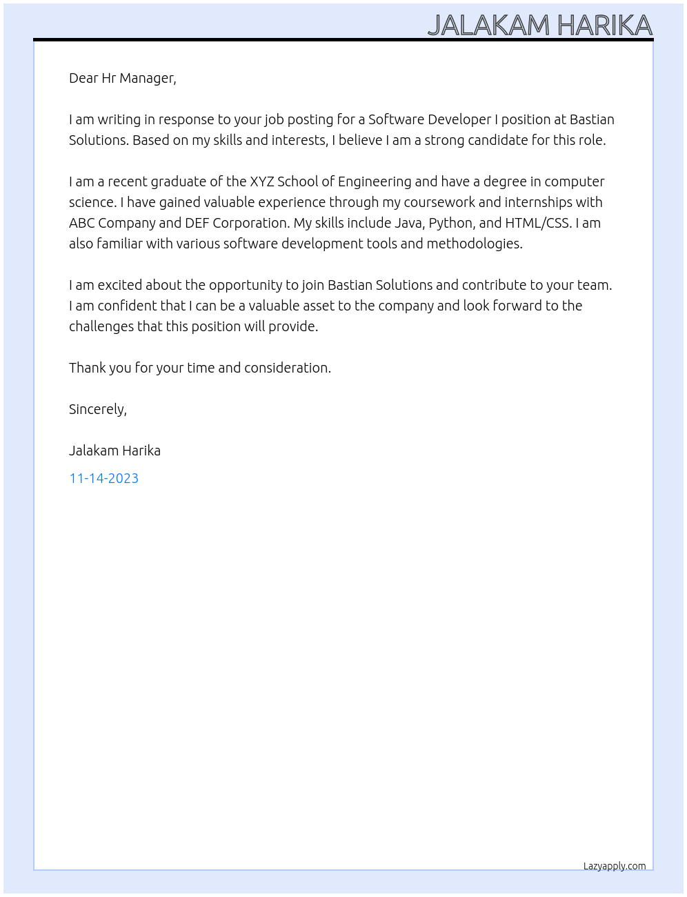Software Developer I At Bastian solutions  Cover Letter