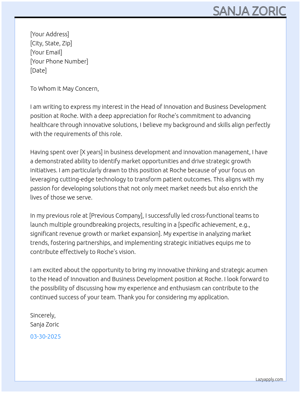 Head of Innovation and Business Development  At Roche Cover Letter