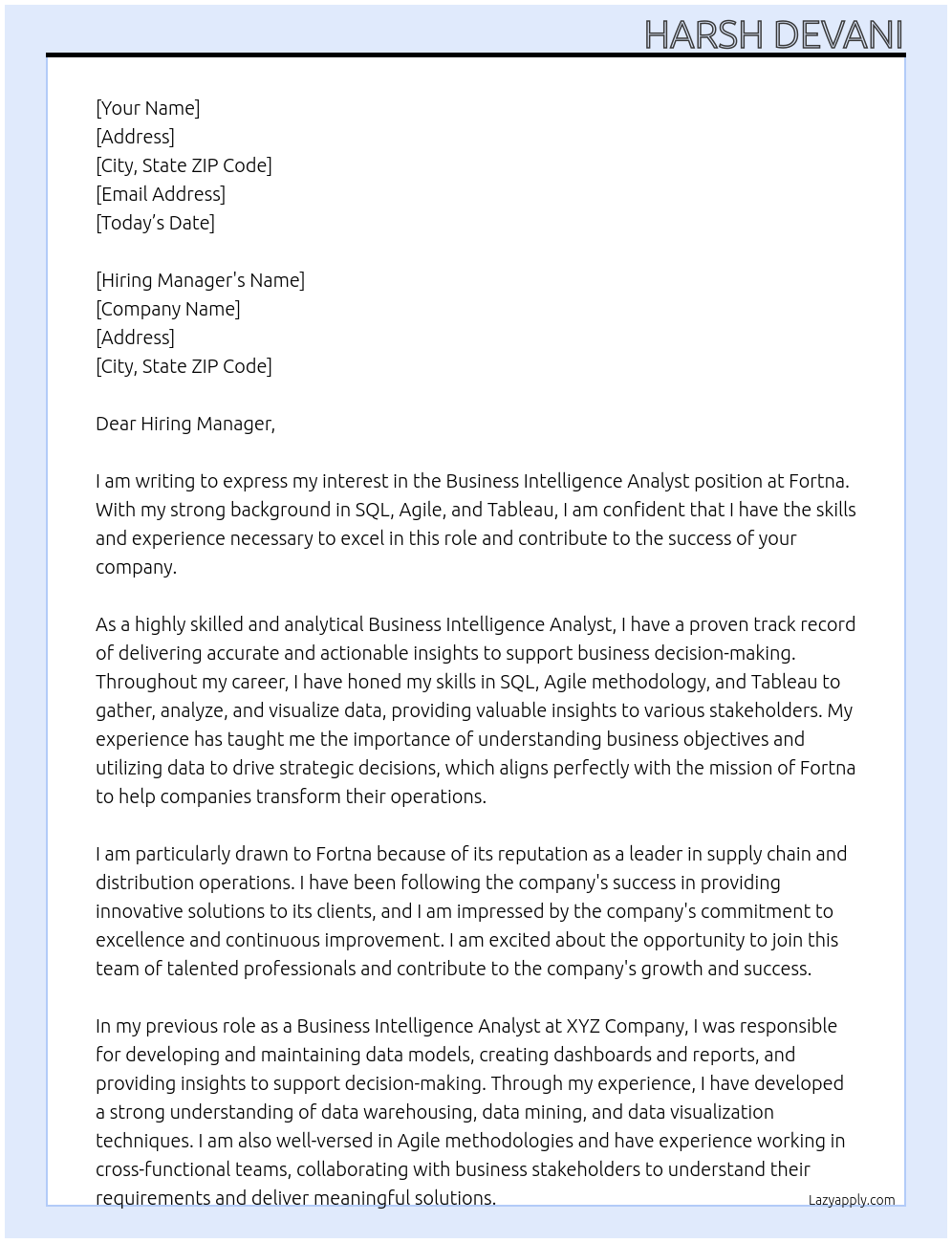 Business Intelligence Analyst At Fortna Cover Letter