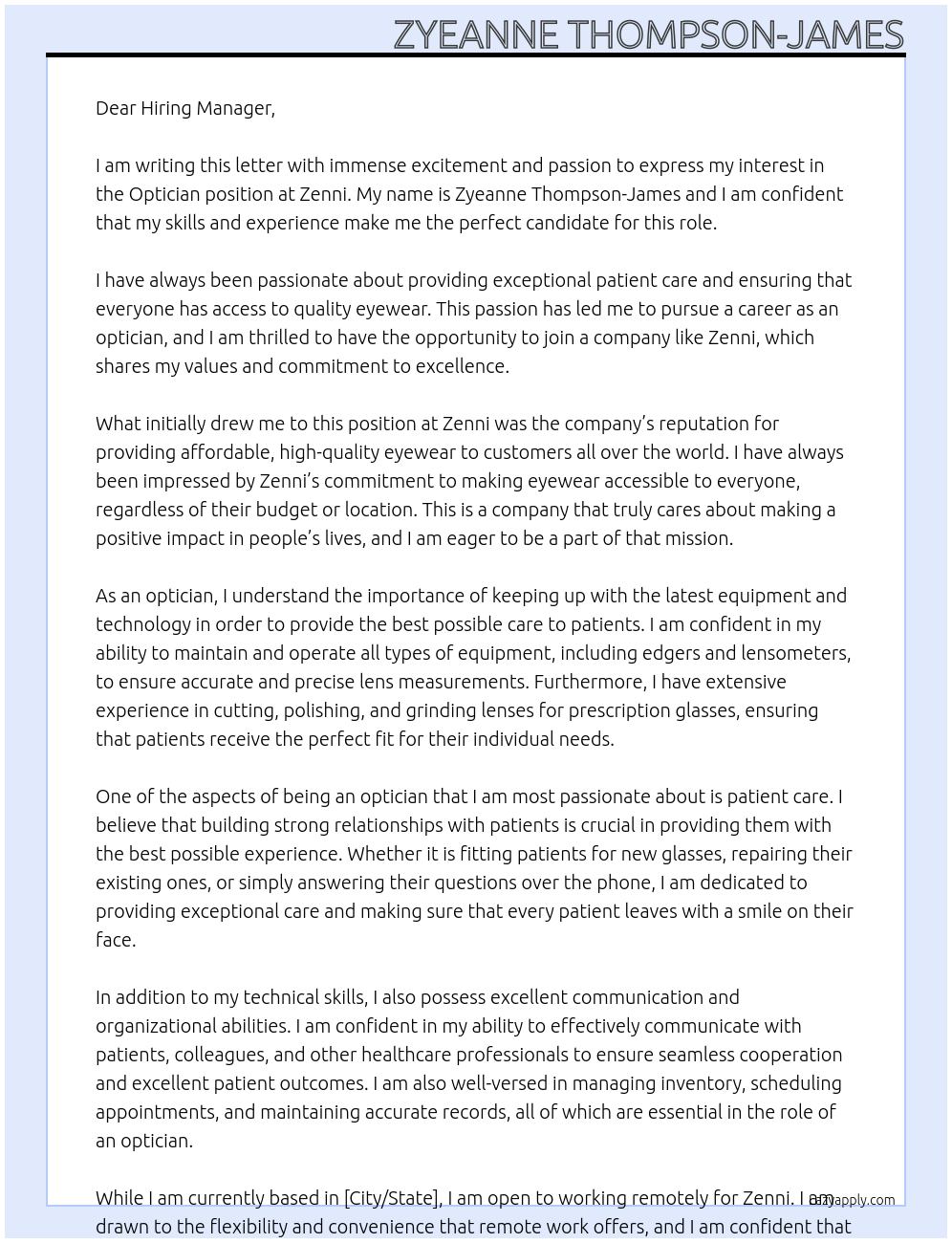 optician  At zenni Cover Letter
