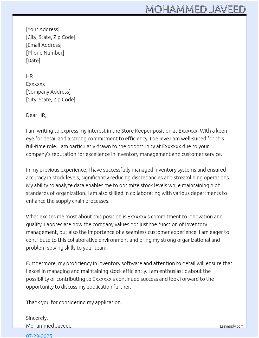 Store keeper At Exxxxxx Cover Letter