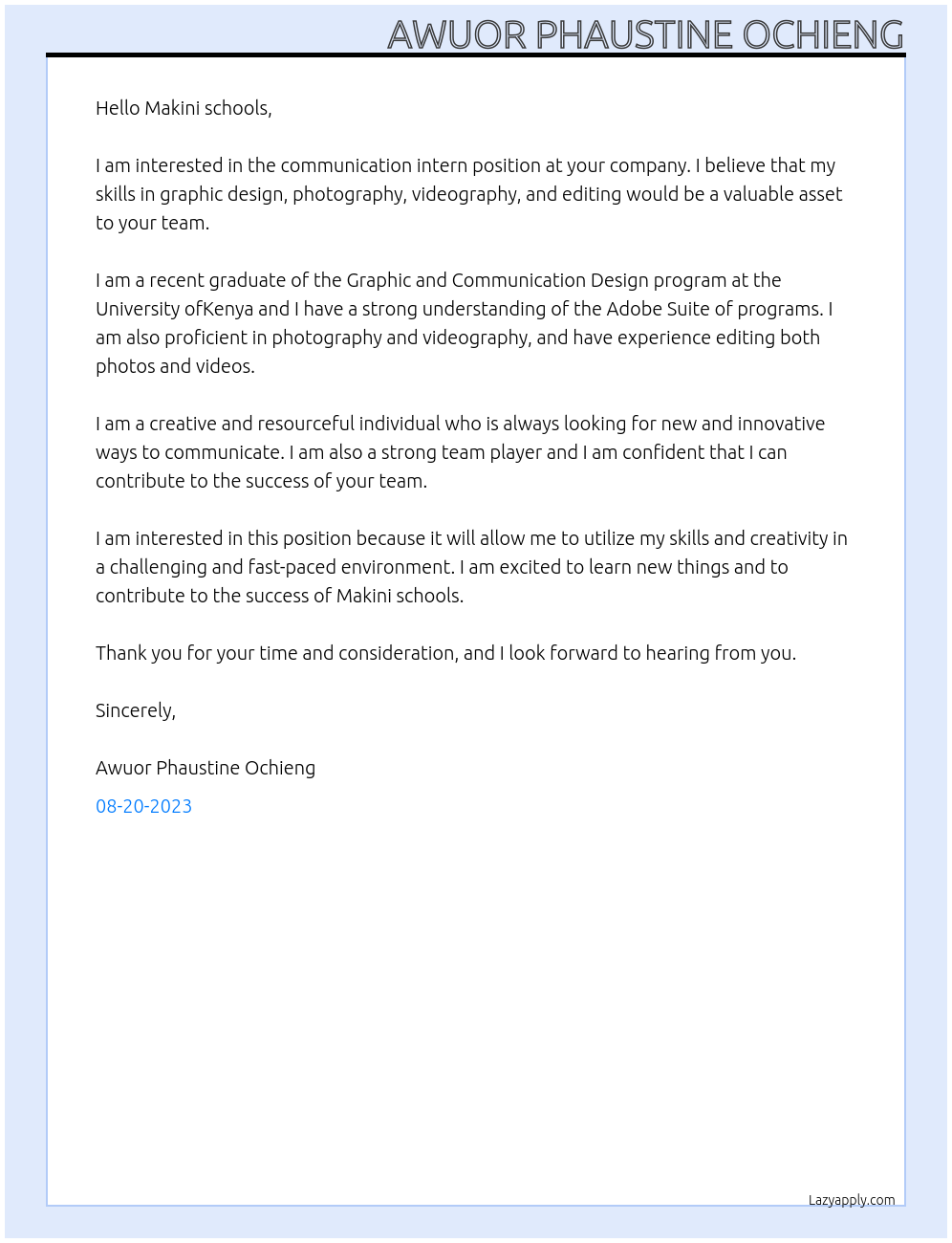 communication intern At Makini schools Cover Letter