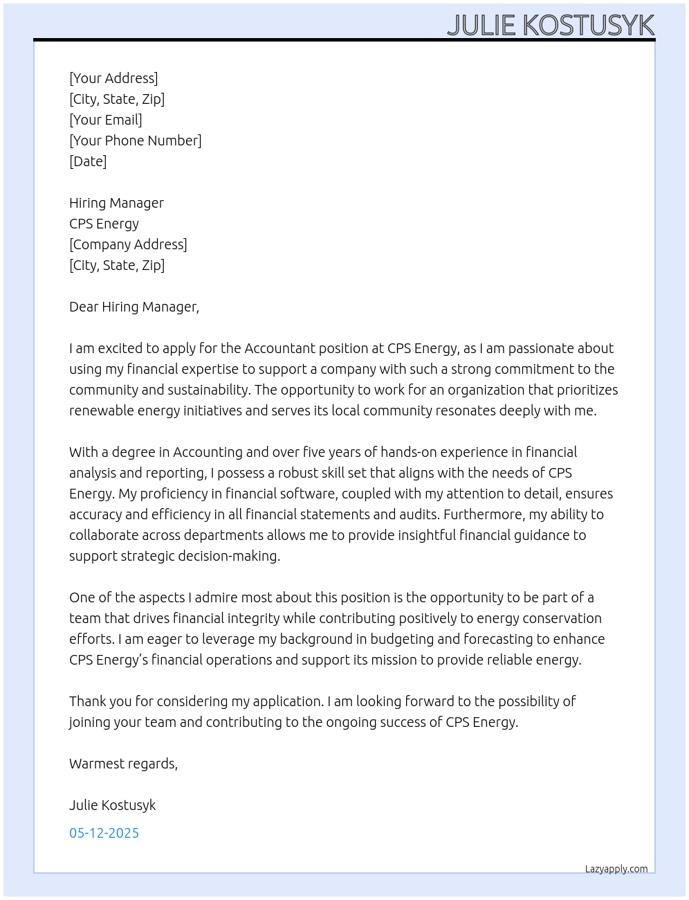 Accountant At CPS Energy Cover Letter