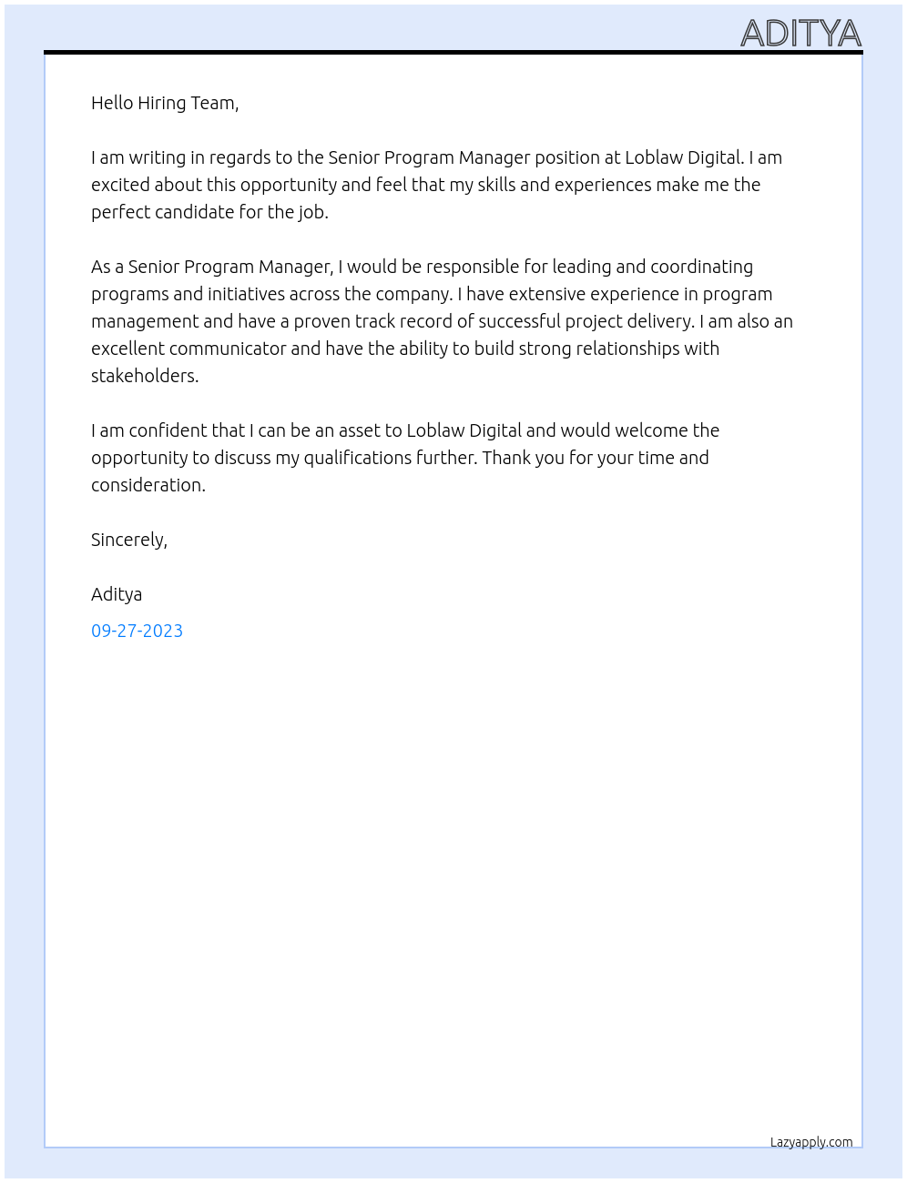 senior program manager At loblaw digital Cover Letter