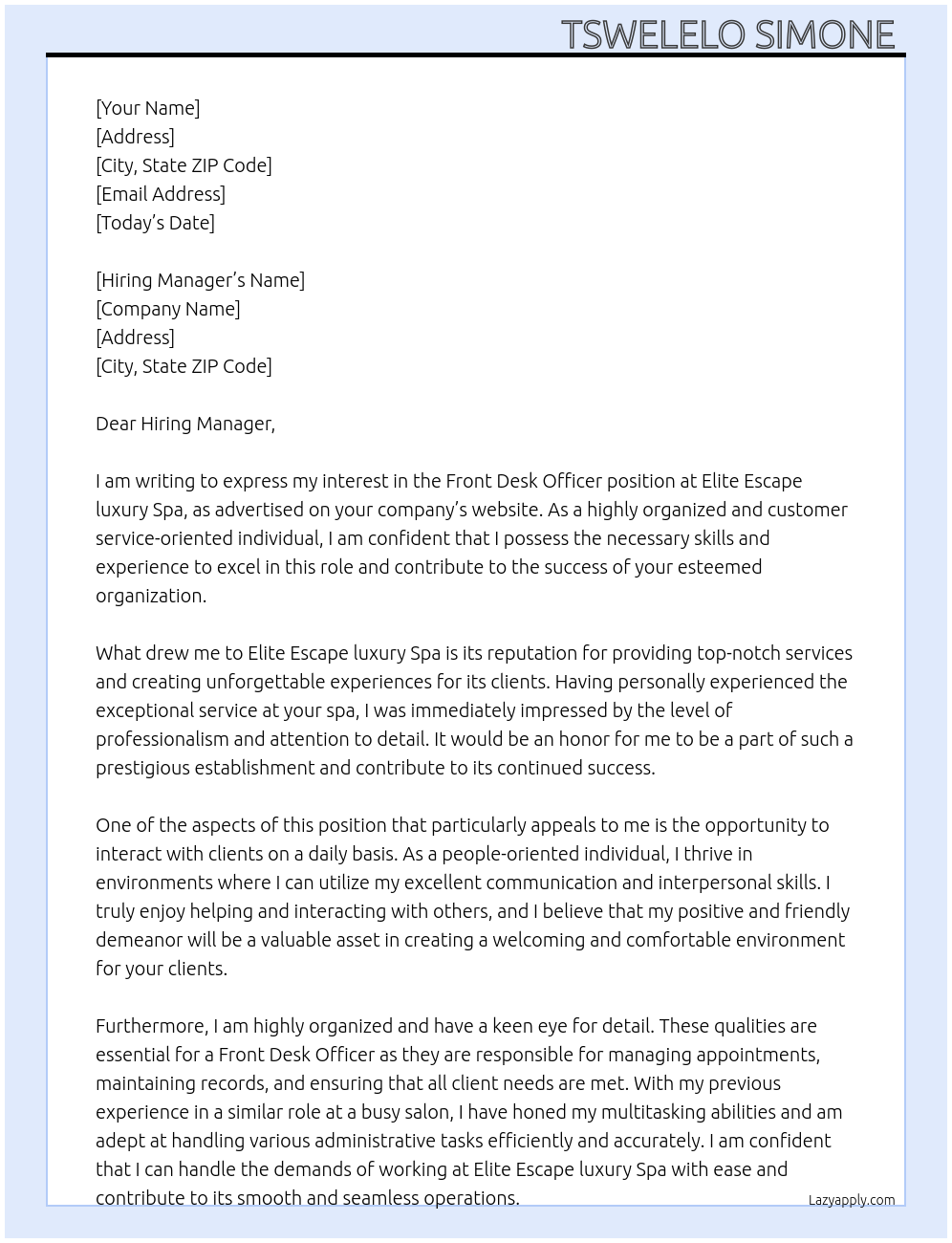 Front desk officer At Elite Escape luxury Spa Cover Letter