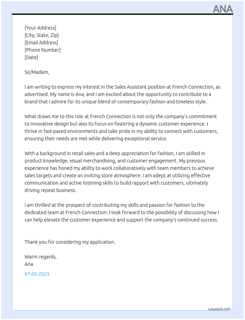 sales assistant At French connection Cover Letter