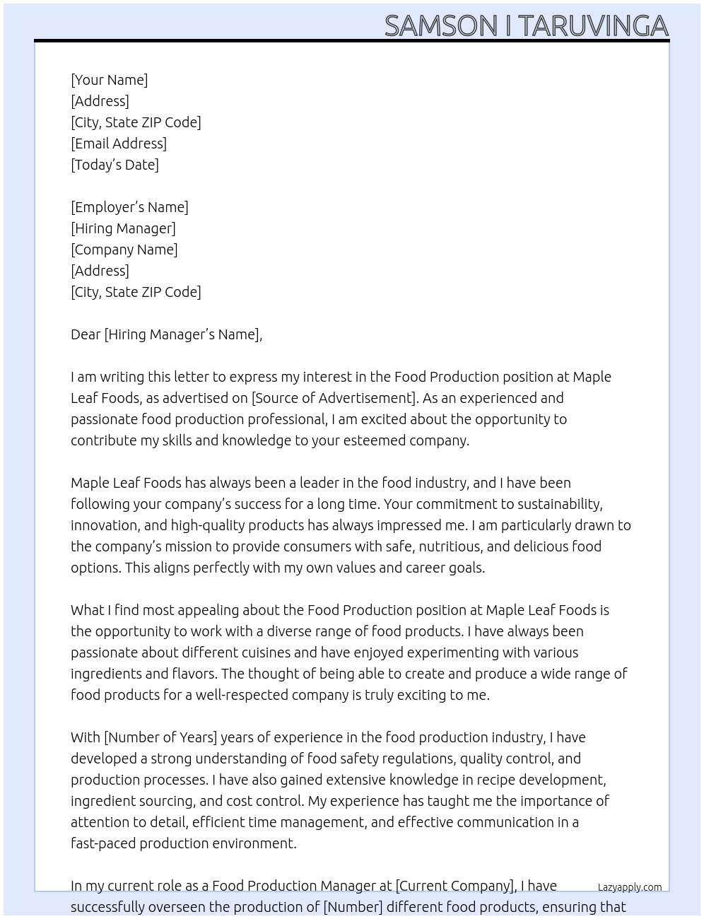 Cover letter for food production - LazyApply