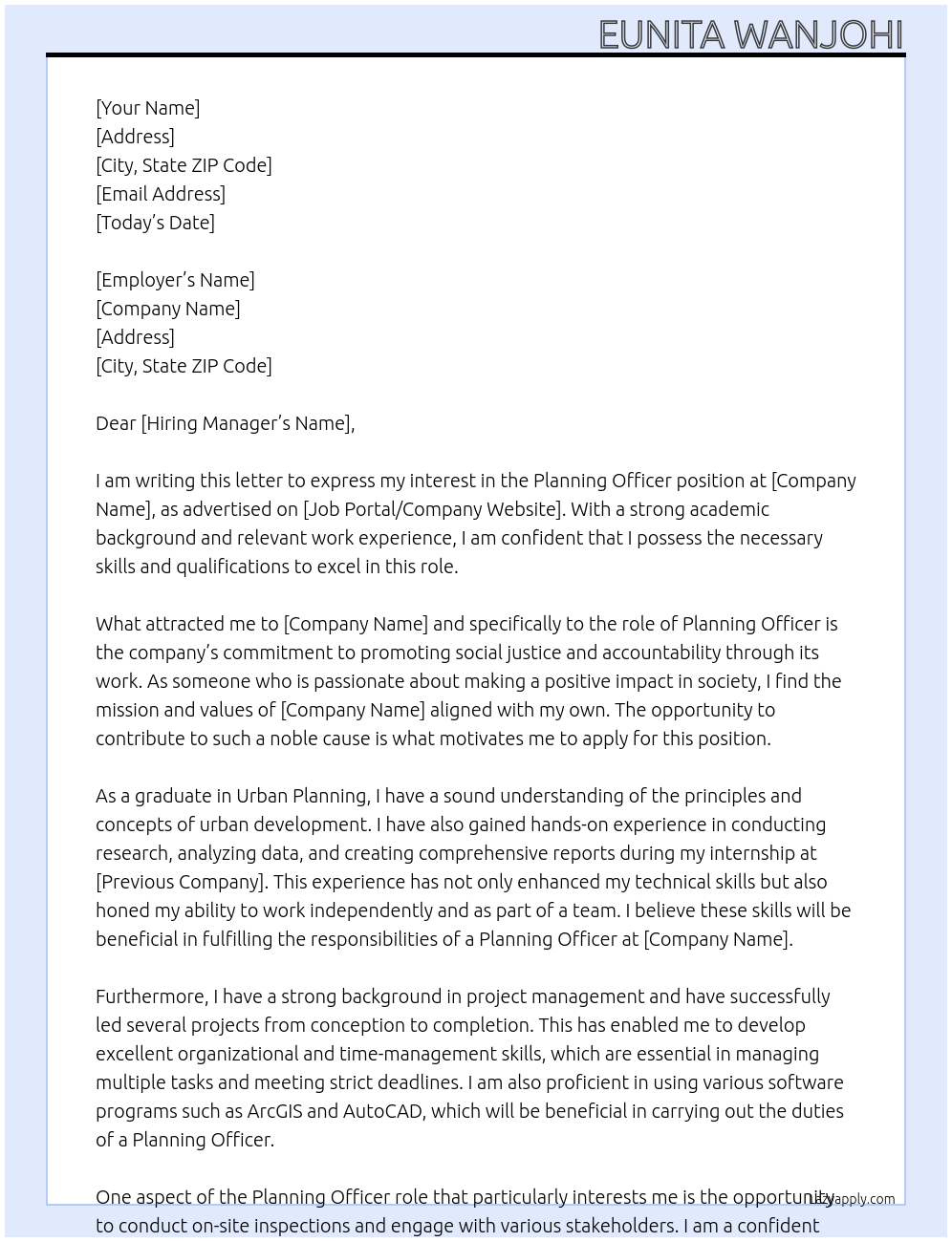 PLANNING OFFICER At IPOA Cover Letter