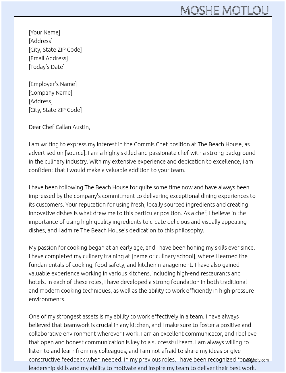 Commis chef At The beach house Cover Letter