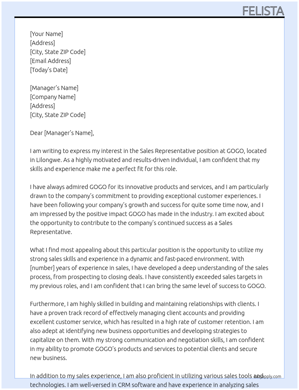 Sales Representative At GOGO Cover Letter