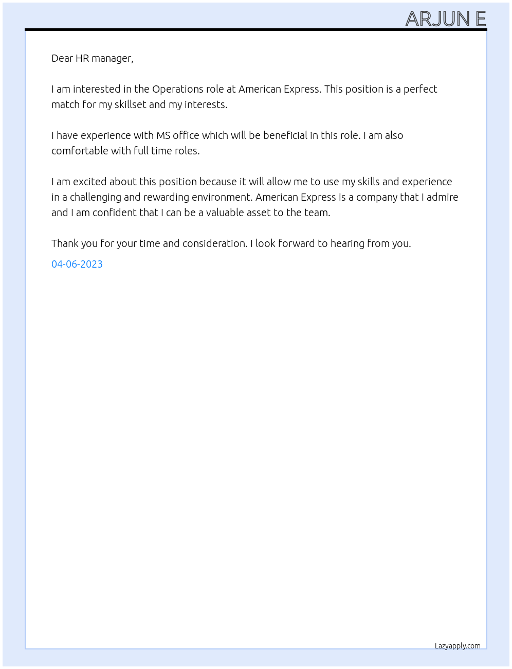 Operations  At American express  Cover Letter
