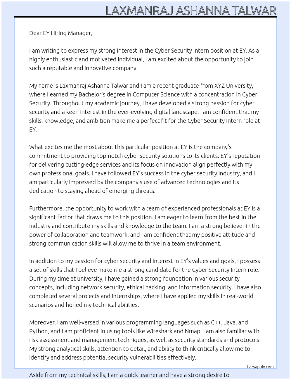 Cyber security intern At EY Cover Letter