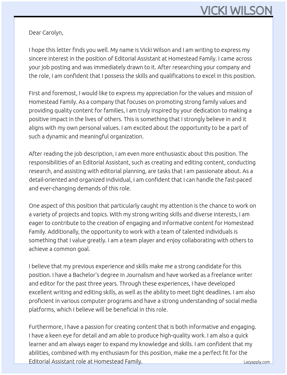 editorial assistant At Homestead Family Cover Letter