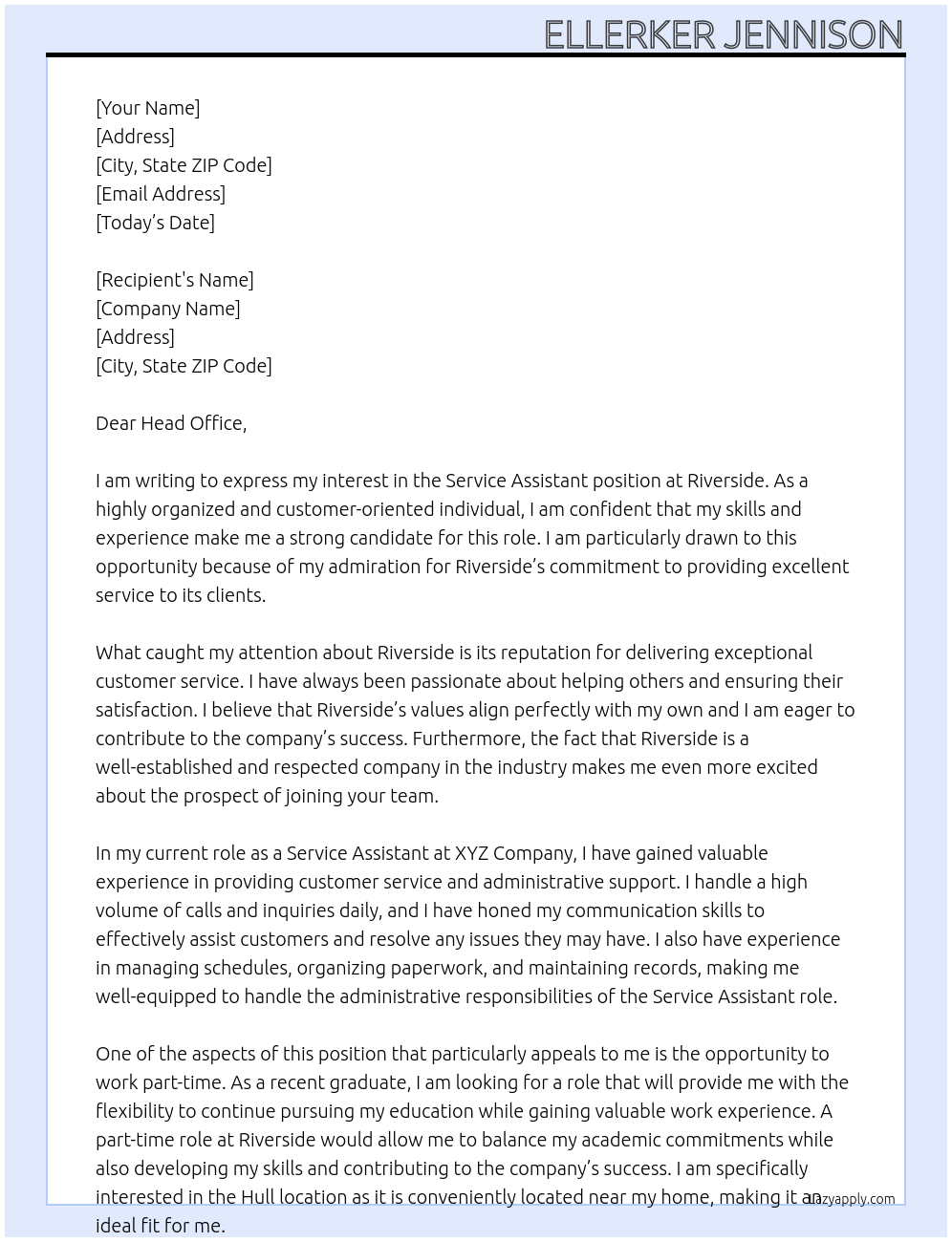 Service assistant At Riverside Cover Letter