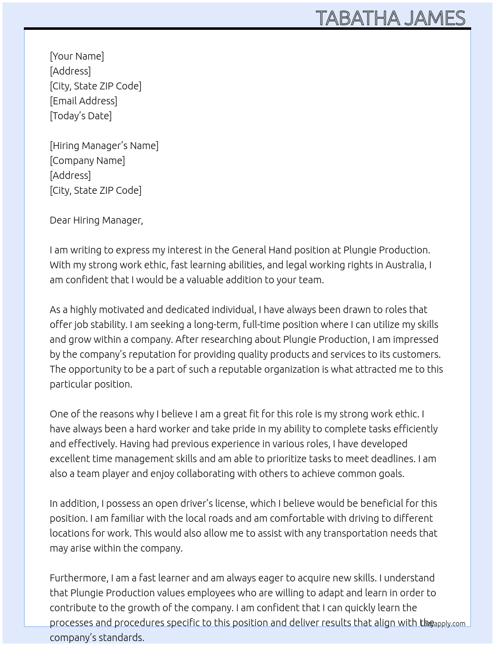 General Hand At Plungie Production Cover Letter